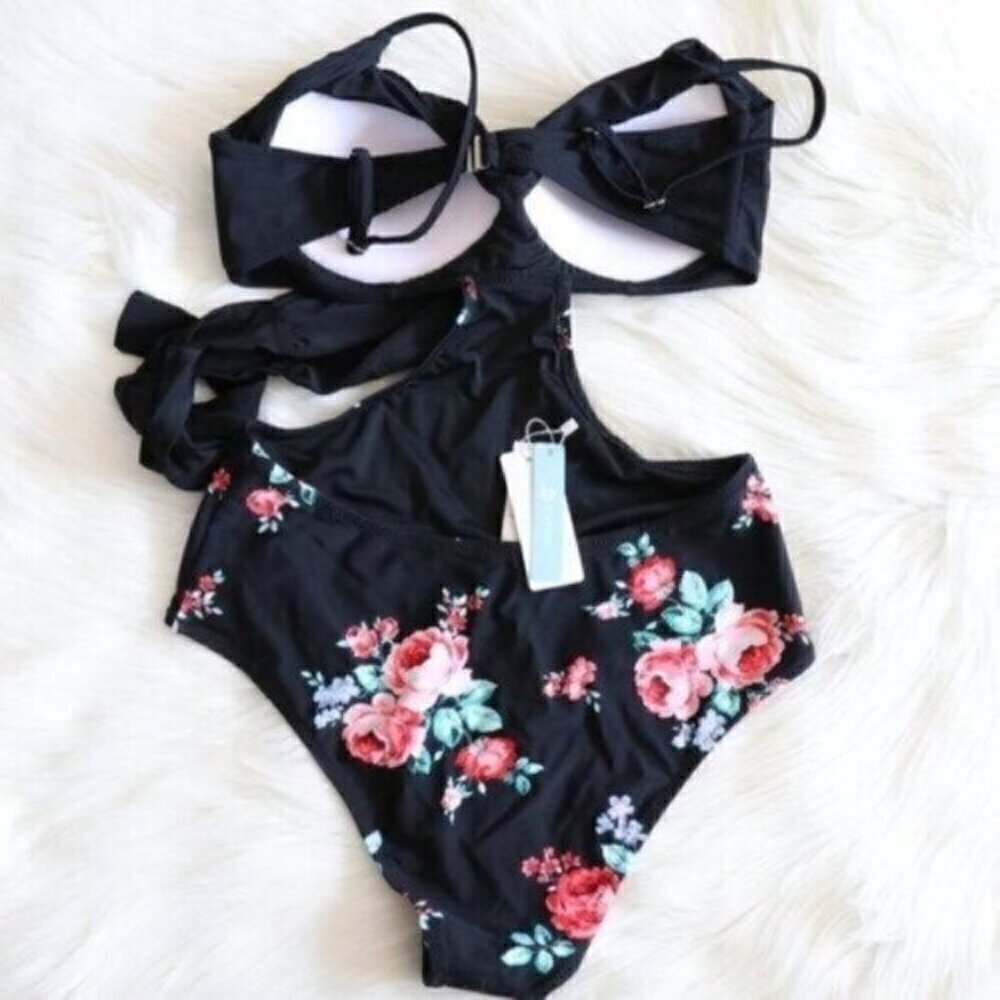 NWT Black Floral Printed One Piece Size Medium Wrap Cutout Bathing Suit - Picture 6 of 10